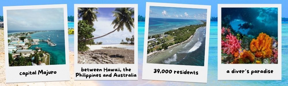 Four polaroid photos showing Marshall Islands: capital, beach, reef, diving.