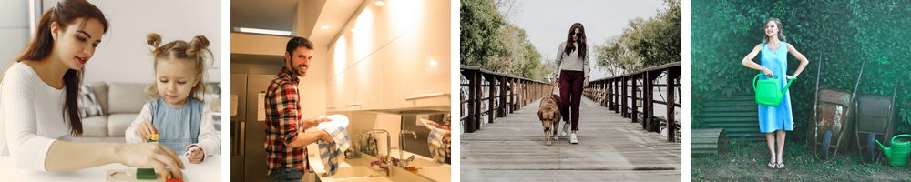 Montage of four images showing family activity, cooking, dog walking, and outdoor fitness scenes