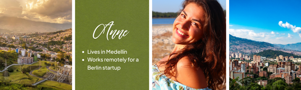 Infographic with photos of Medellin, woman at beach, person, cityscape.