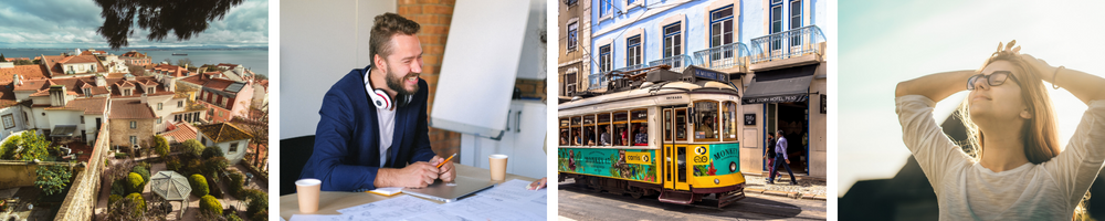 Portugal relocation: coastal town, workspace, historic tram, and woman with raised hand