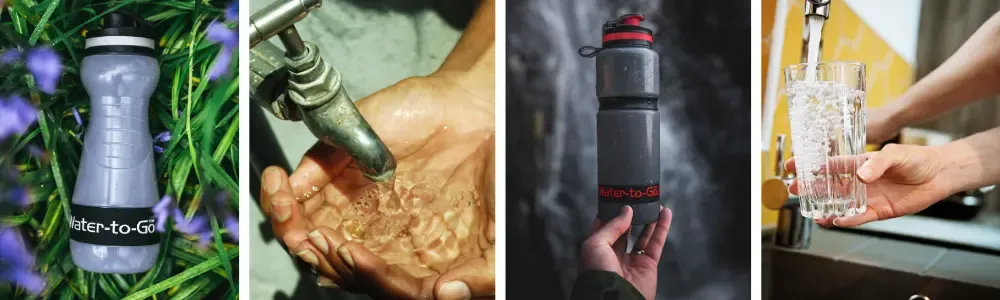 Collage showing water bottle uses: on plants, filtering, refill, drinking.