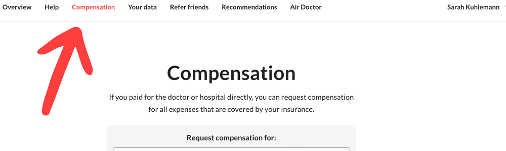 Insurance claim form interface showing Compensation page header and menu.
