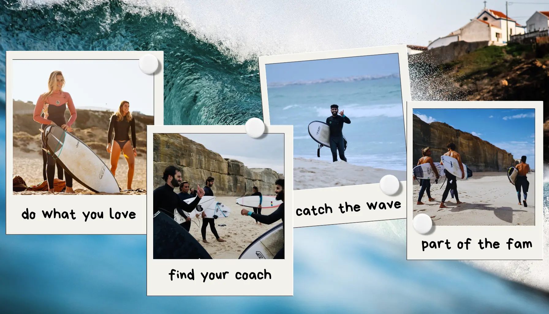 Collage of surfers and beach scenes with motivational phrases