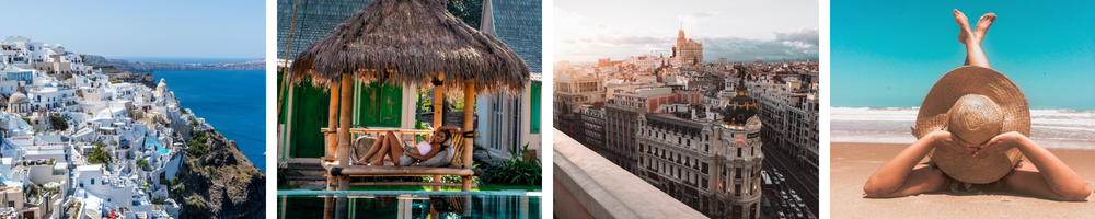 Diverse travel destinations: coastal villages, tropical retreats, historic cities, and beaches.