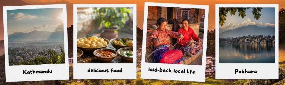 Four polaroid photos showing Nepal: Kathmandu, food, local life, lake.