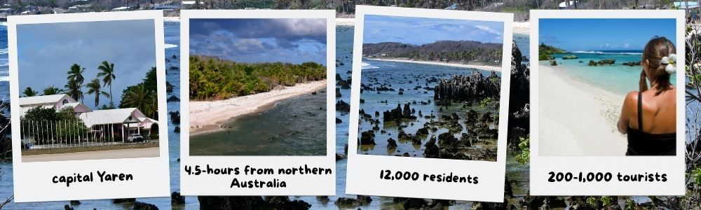 Four polaroid photos showing Nauru: capital, beach, reef, tourists.