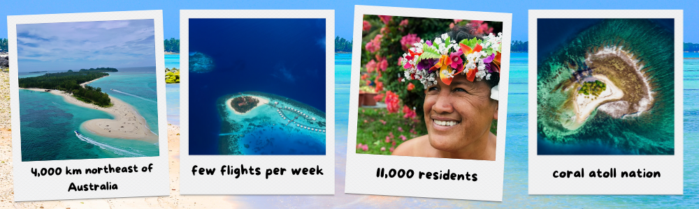 Four polaroid photos showing Tuvalu: location, lagoon, woman, island.