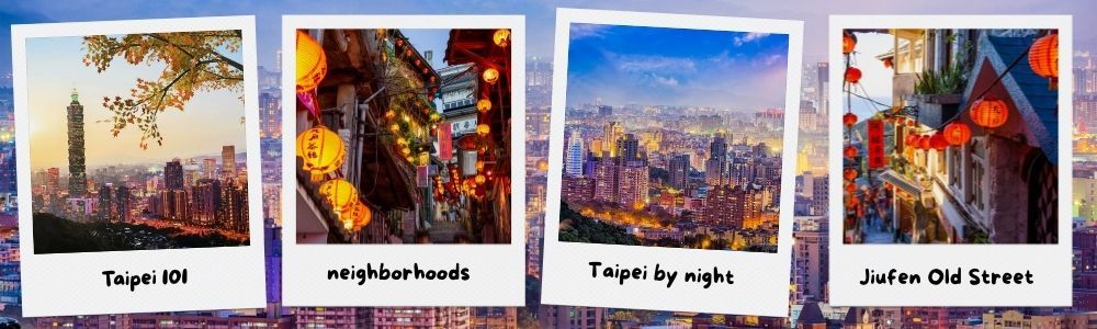 Four polaroid photos showing Taiwan: Taipei 101, street life, city, temple.