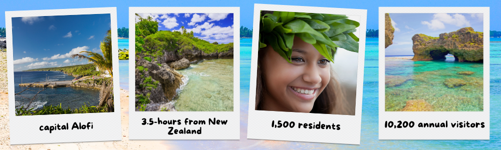 Four polaroid photos showing Niue: capital Alofi, lagoon, woman, atoll.