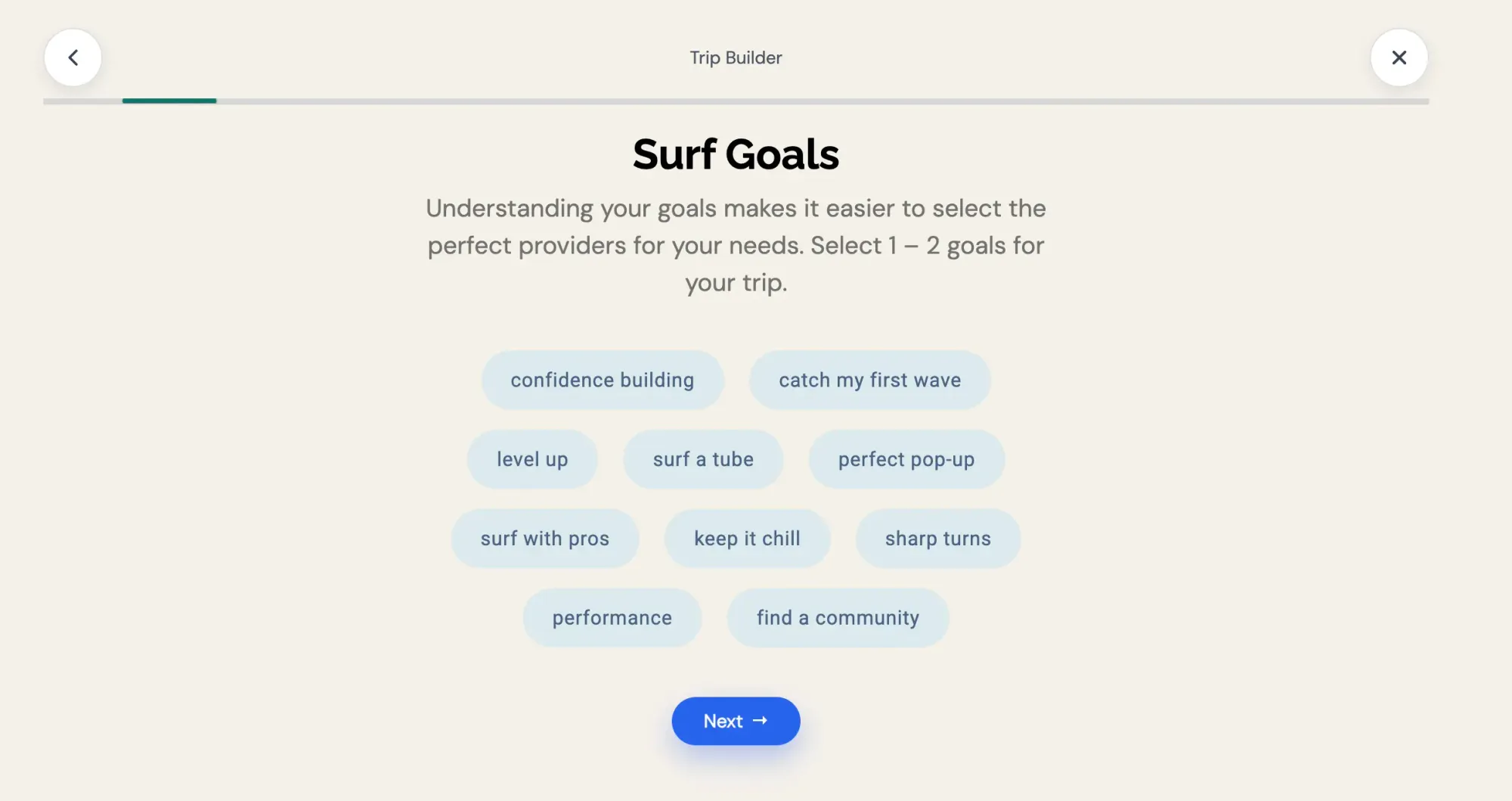 Mobile app screen showing surf skill goals for trip planning