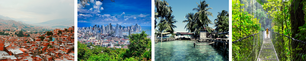 Grid of four destination photos: Medellin cityscape, Panama City skyline, tropical beach, jungle bridge