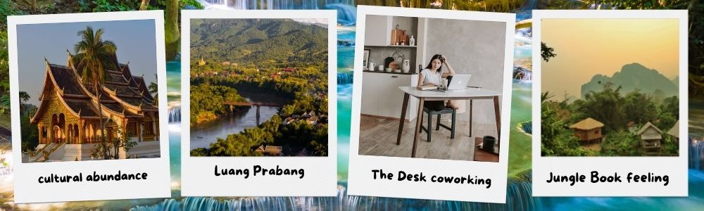 Four polaroid photos showing Laos: temple, Luang Prabang, coworking, jungle.