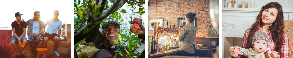 People sharing meals and work experiences: volunteers on a porch, harvesting fruit, tending bar, and caring for a child.