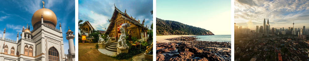 Singapore mosque with golden dome, Chiang Mai temple, rocky beach, and Kuala Lumpur skyline